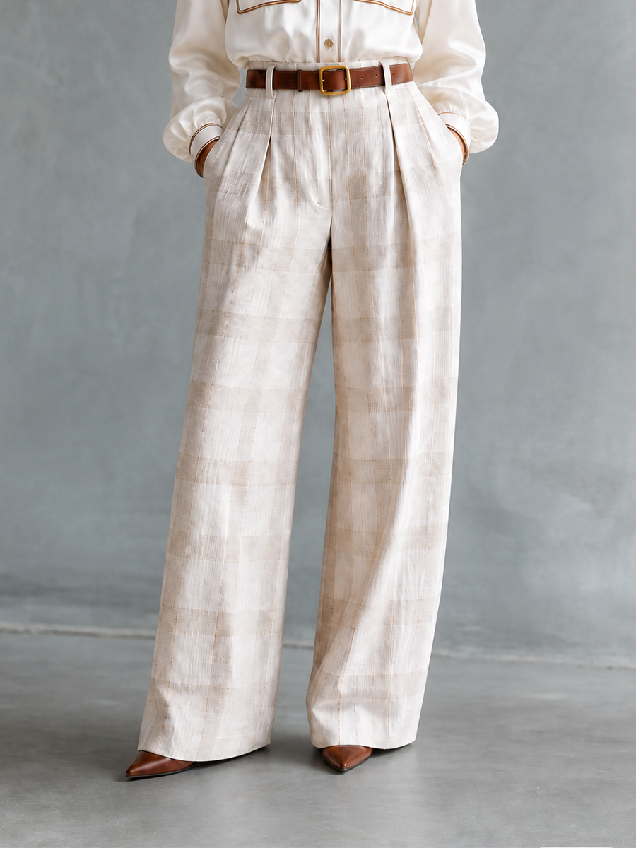 Franca — Completo due pezzi in lino con pantaloni a gamba larga bianco panna