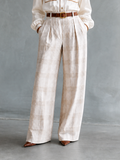 Franca — Completo due pezzi in lino con pantaloni a gamba larga bianco panna