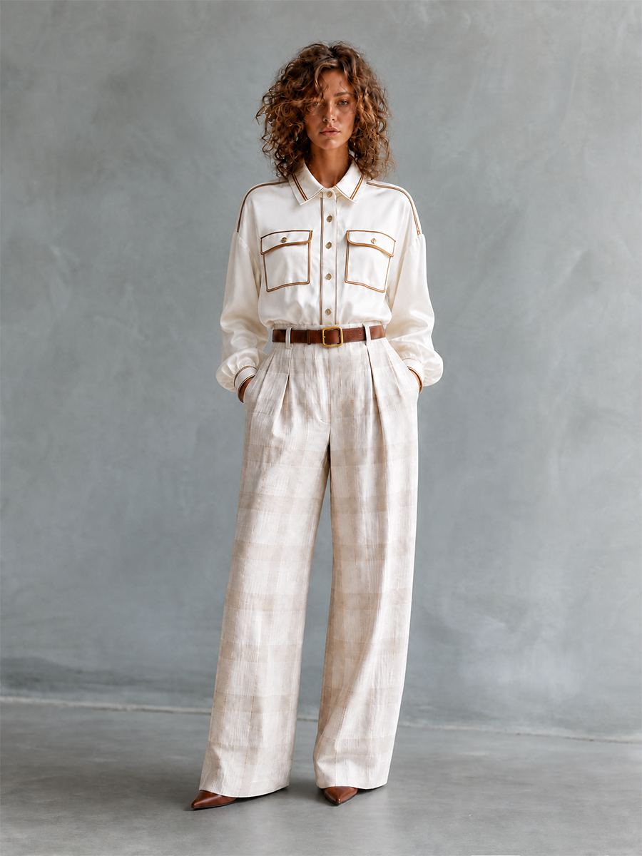Franca — Completo due pezzi in lino con pantaloni a gamba larga bianco panna