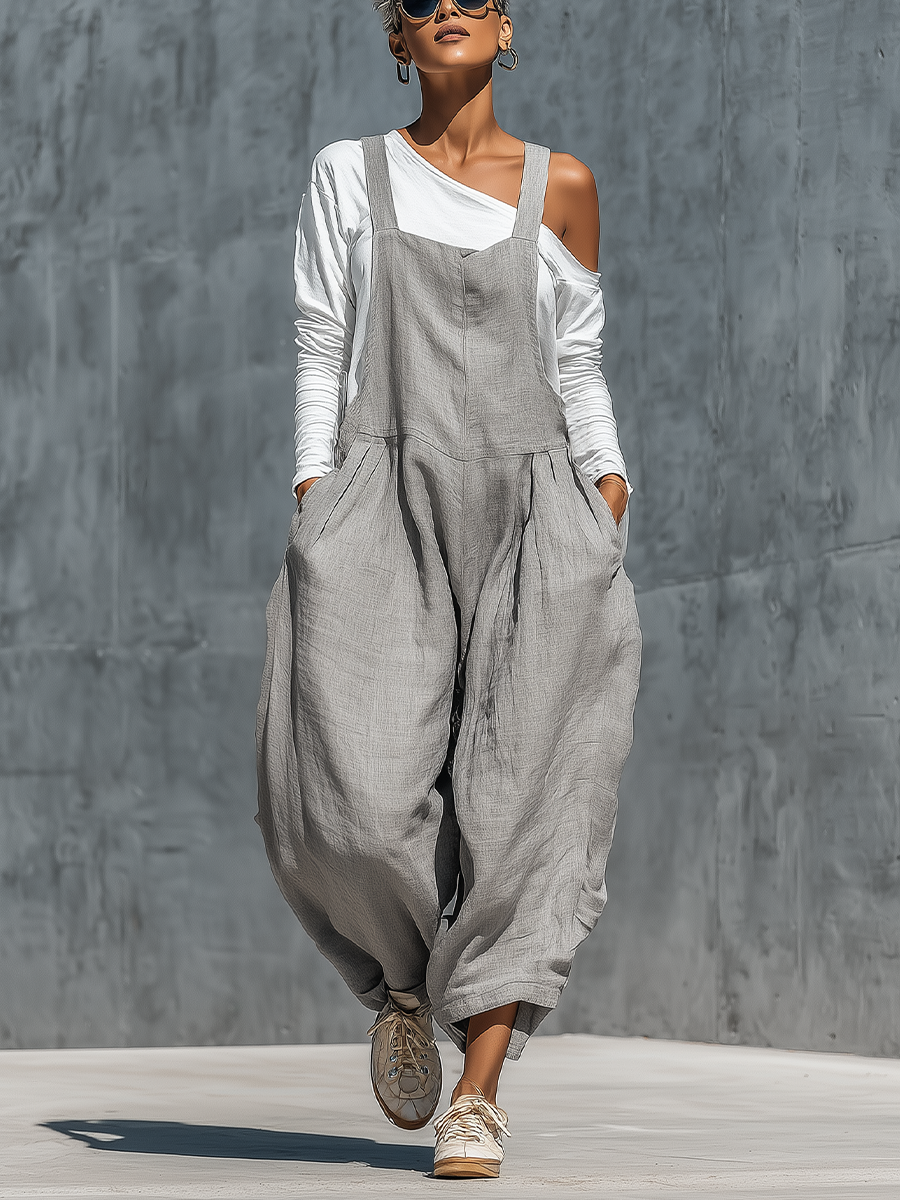 Fulvia — Salopette in cotone e lino con scollo quadrato