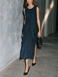 Isabella Maria — Abito lungo in cotone e lino con girocollo blu navy