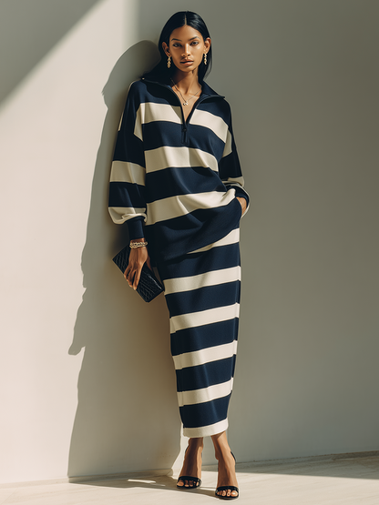 Flavia — Completo due pezzi in cotone a righe blu navy e bianco