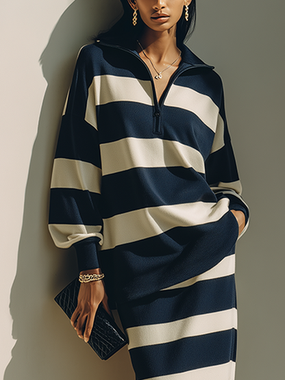 Flavia — Completo due pezzi in cotone a righe blu navy e bianco