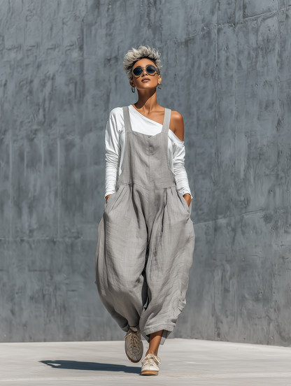 Fulvia — Salopette in cotone e lino con scollo quadrato