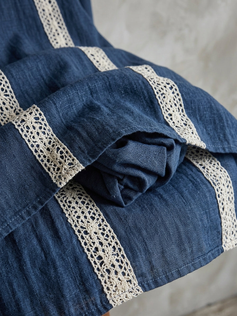 Iride — Abito lungo in cotone e lino con girocollo blu scuro
