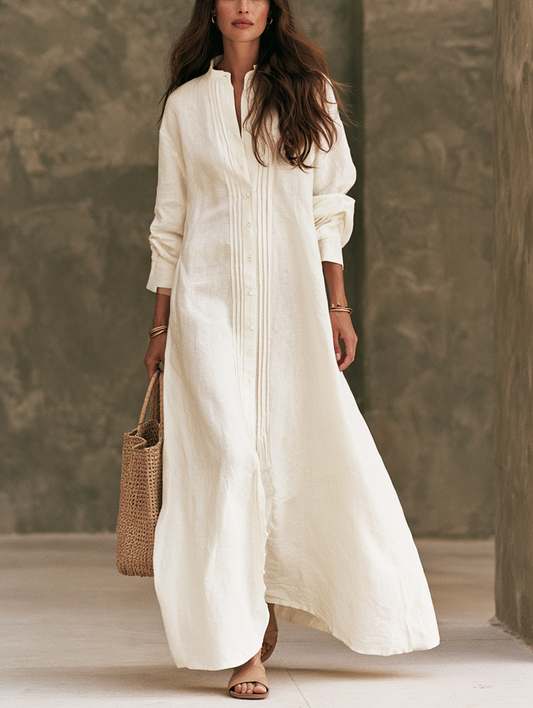 Lauretta — Abito lungo in cotone e lino con girocollo bianco