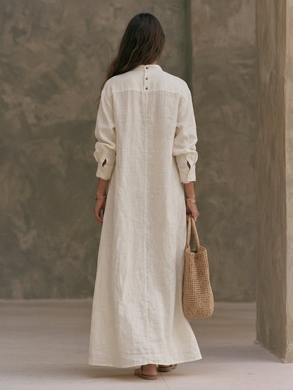 Lauretta — Abito lungo in cotone e lino con girocollo bianco