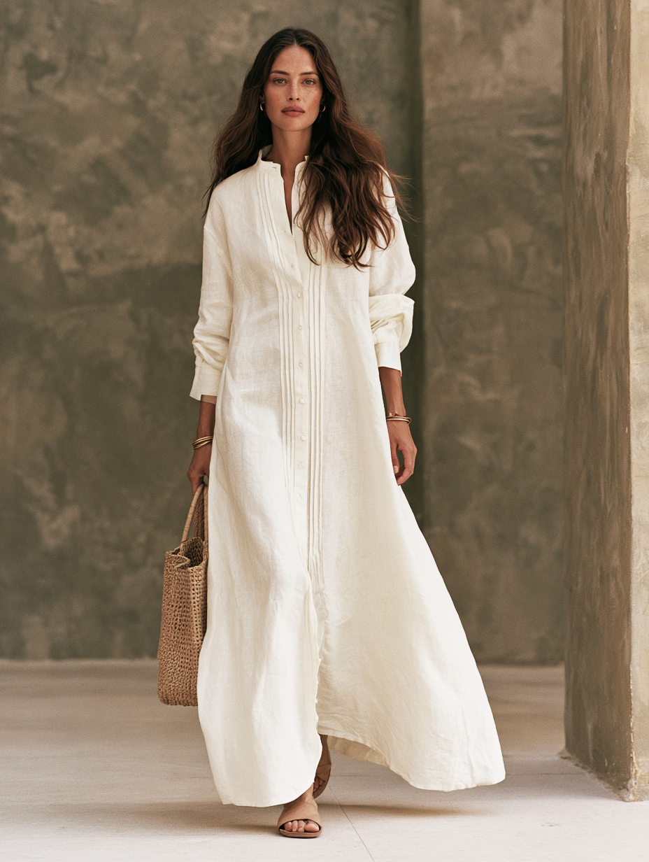 Lauretta — Abito lungo in cotone e lino con girocollo bianco
