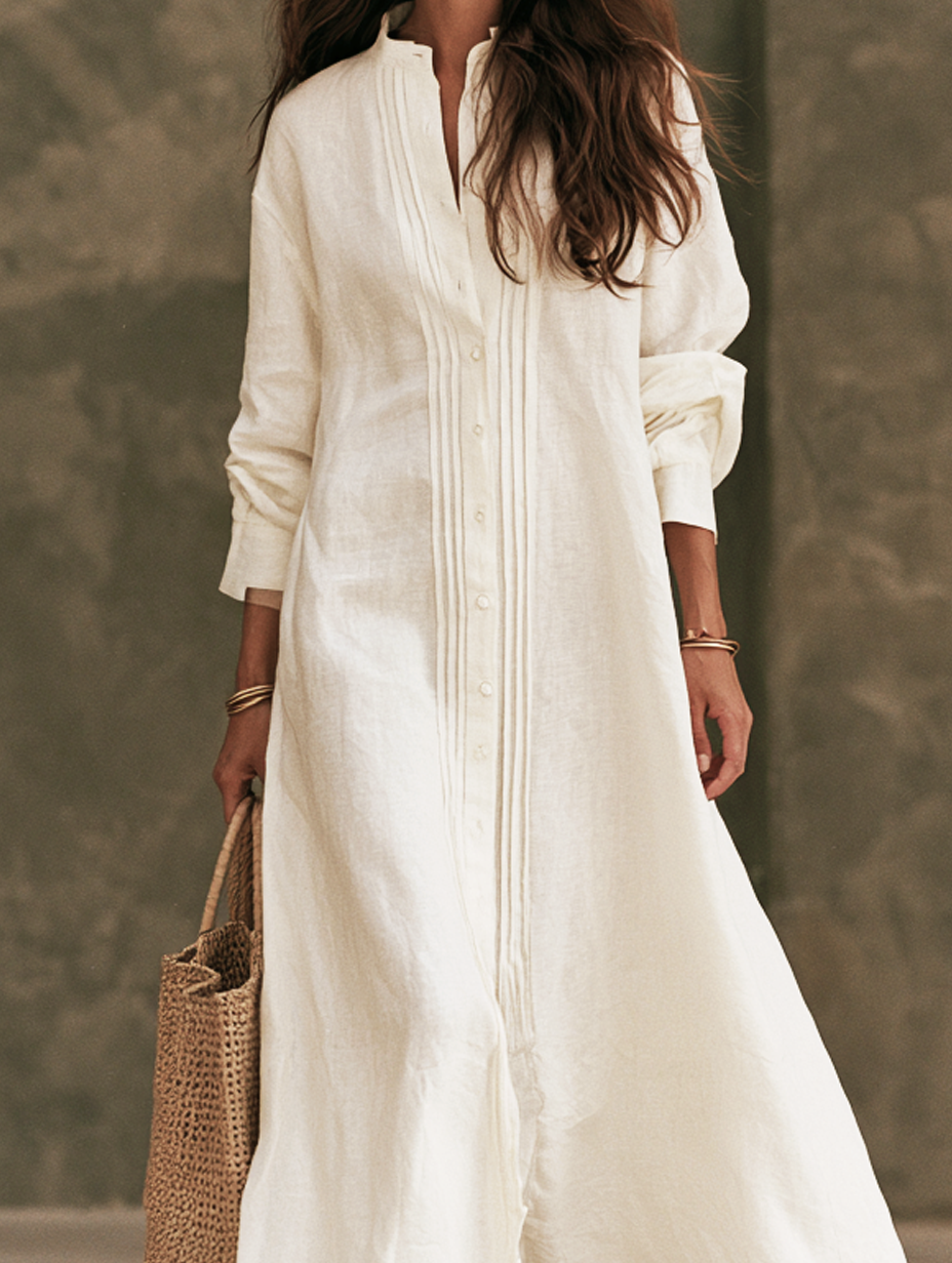 Lauretta — Abito lungo in cotone e lino con girocollo bianco