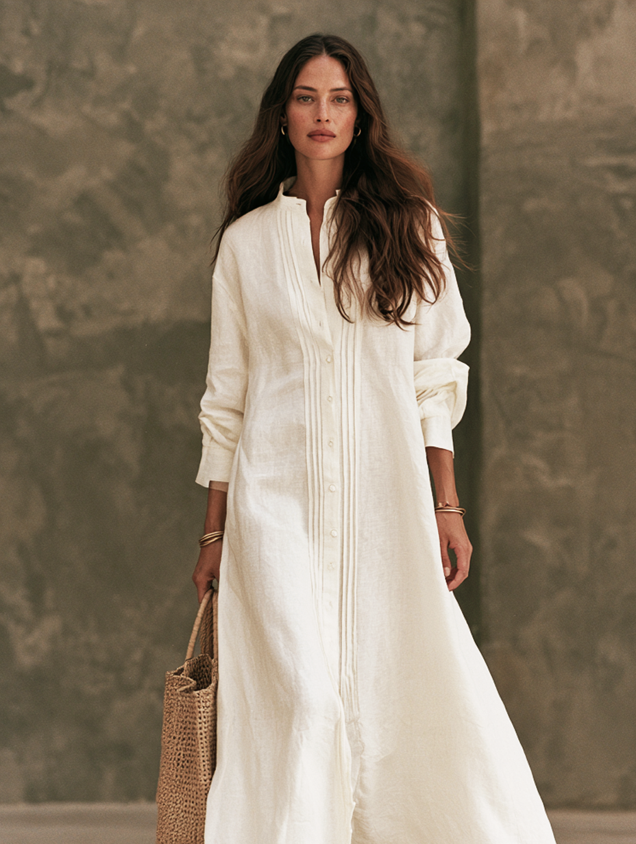 Lauretta — Abito lungo in cotone e lino con girocollo bianco