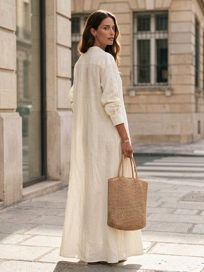 Lauretta — Abito lungo in cotone e lino con girocollo bianco