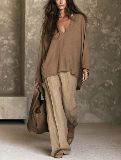 Giulia — Completo due pezzi in cotone e lino con pantaloni marrone e kaki