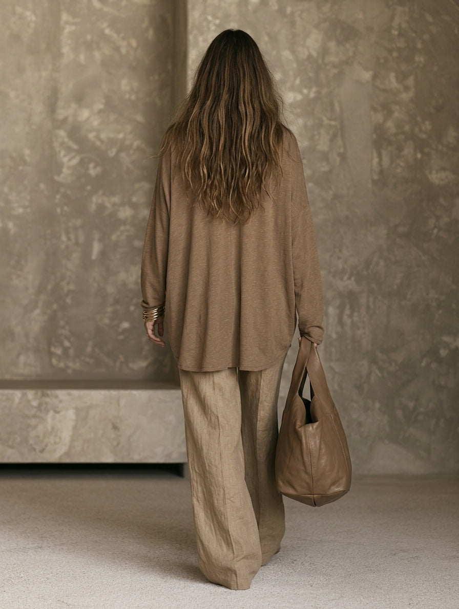 Giulia — Completo due pezzi in cotone e lino con pantaloni marrone e kaki