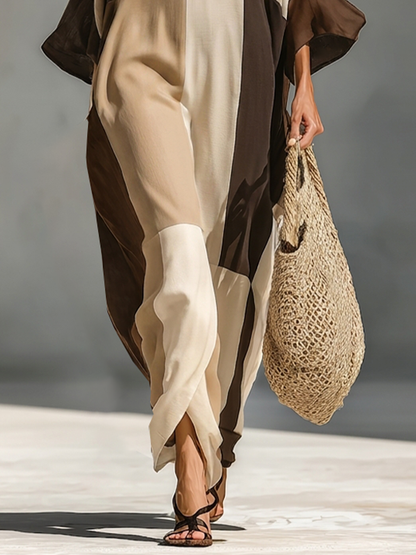 Incoronata — Abito lungo in lino color block marrone e beige