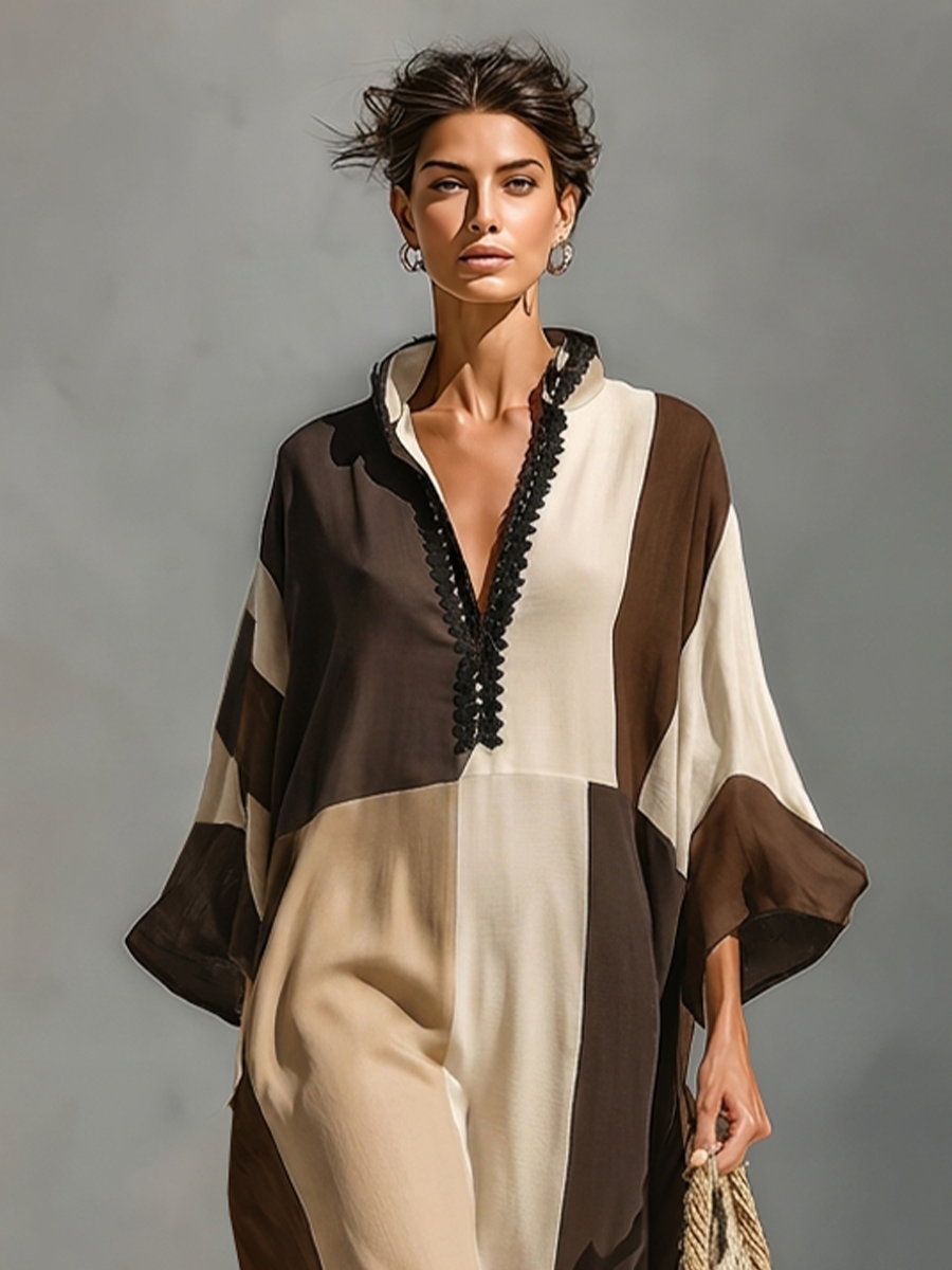 Incoronata — Abito lungo in lino color block marrone e beige