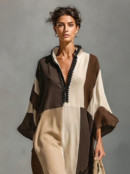 Incoronata — Abito lungo in lino color block marrone e beige