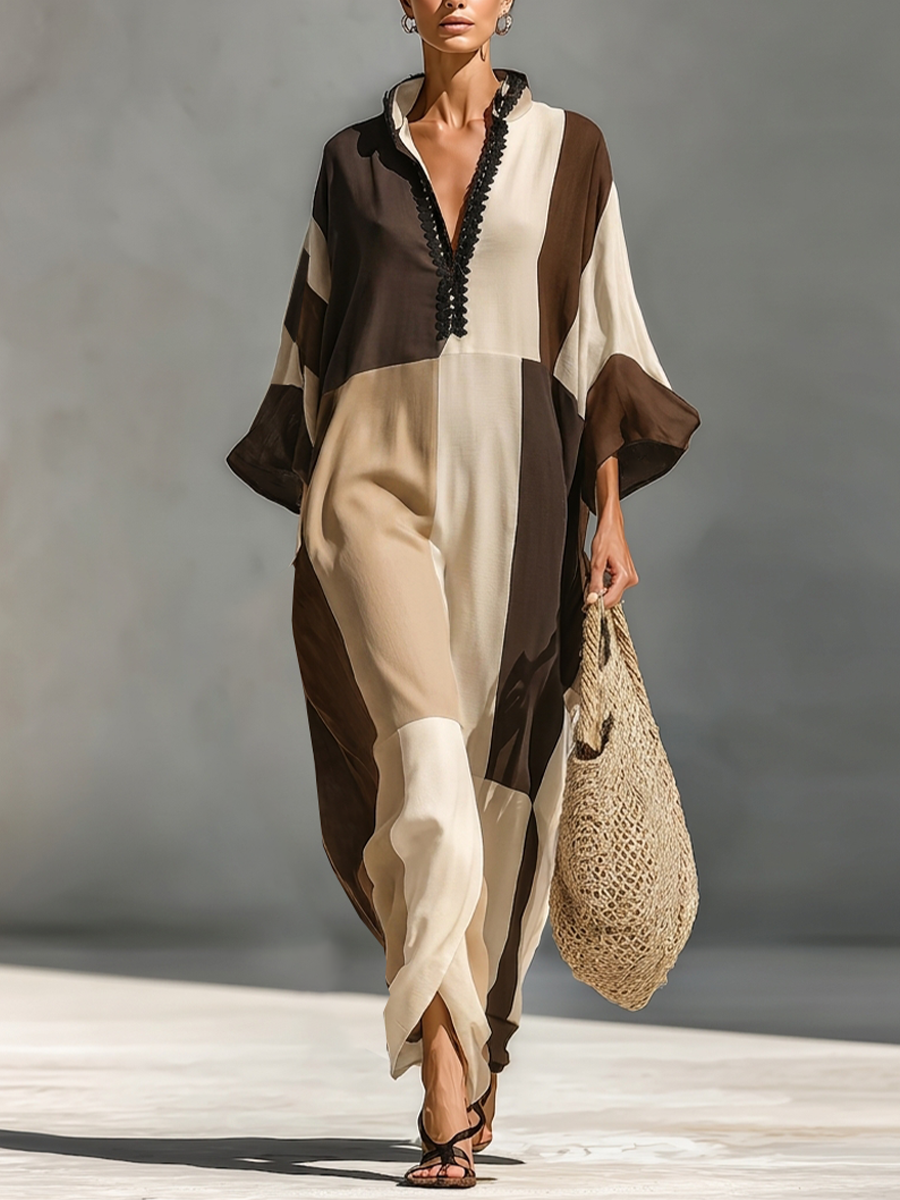 Incoronata — Abito lungo in lino color block marrone e beige