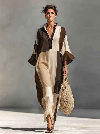 Incoronata — Abito lungo in lino color block marrone e beige
