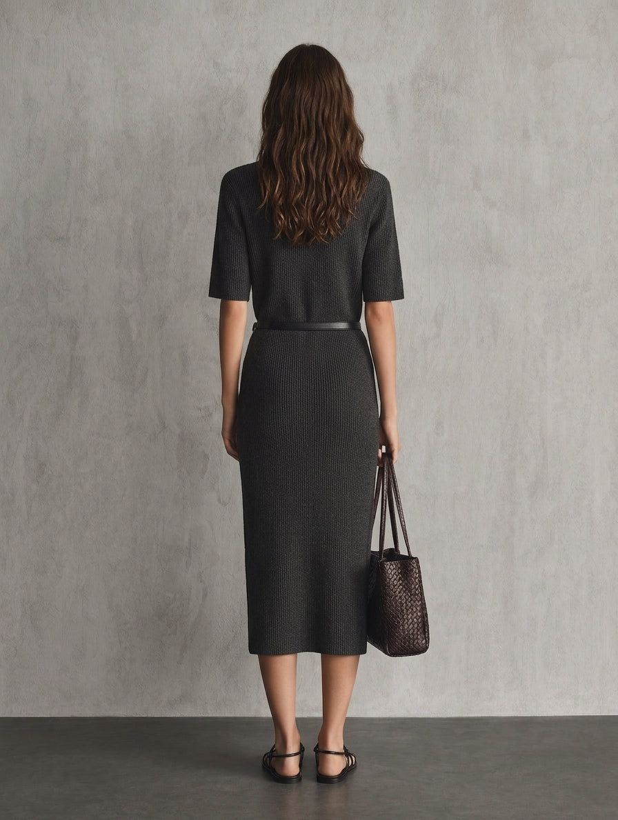 Italina — Abito midi in maglia con girocollo grigio scuro