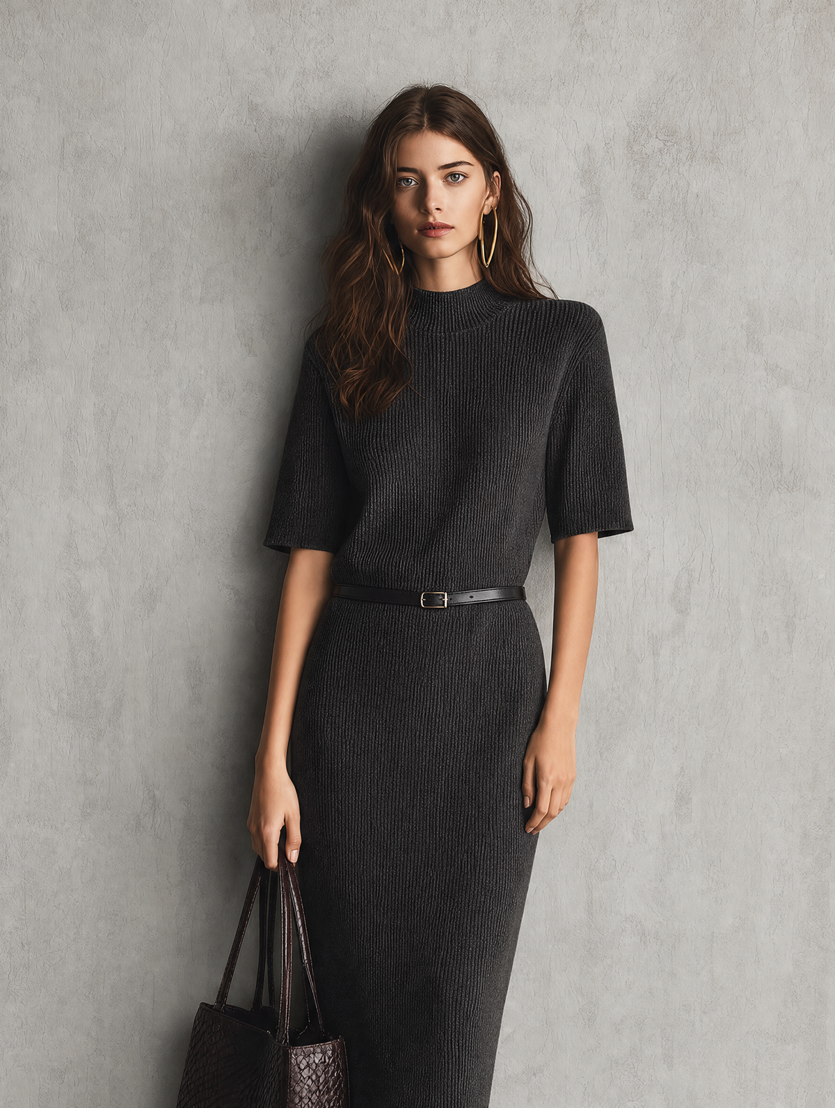 Italina — Abito midi in maglia con girocollo grigio scuro