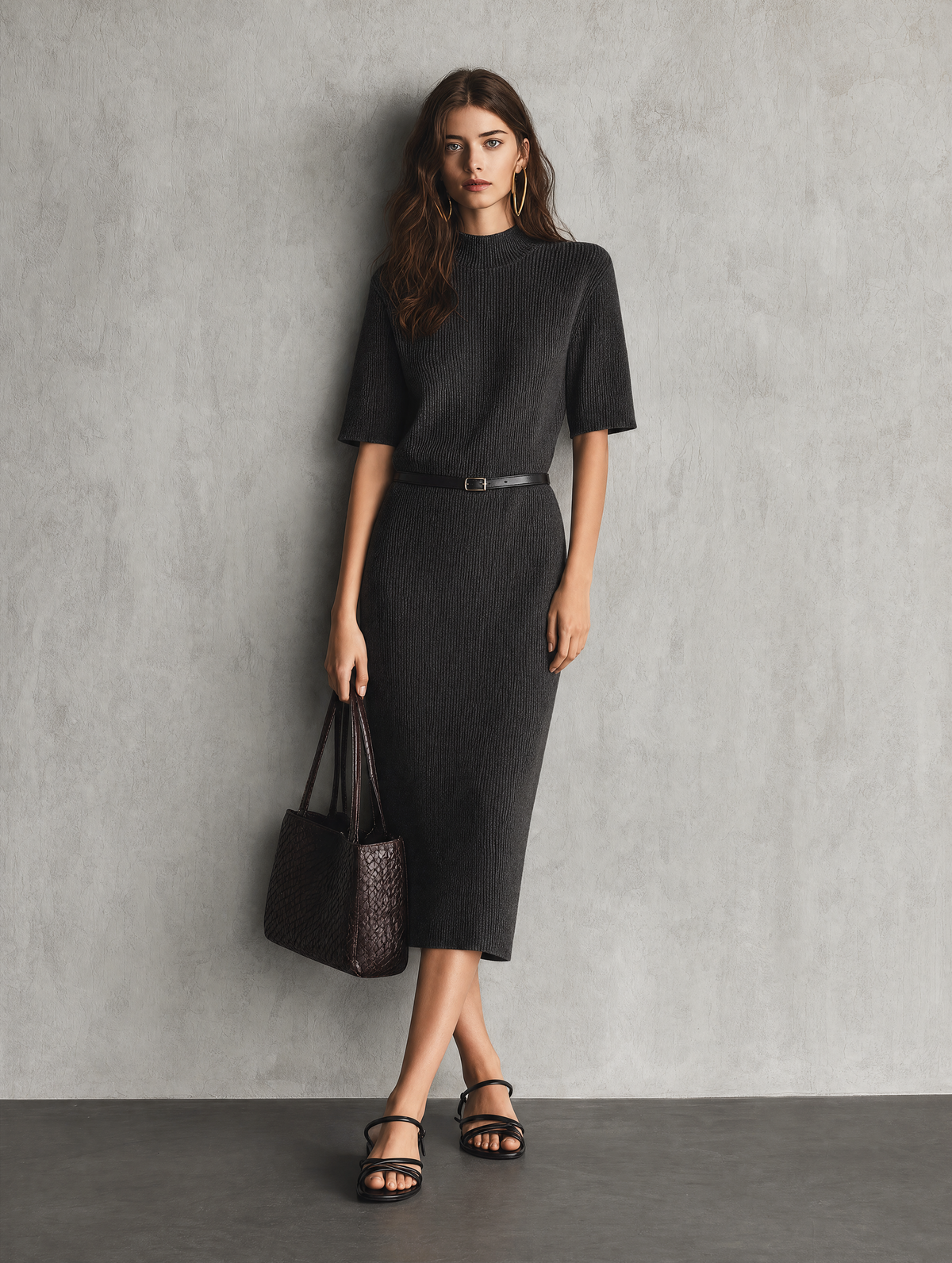 Italina — Abito midi in maglia con girocollo grigio scuro