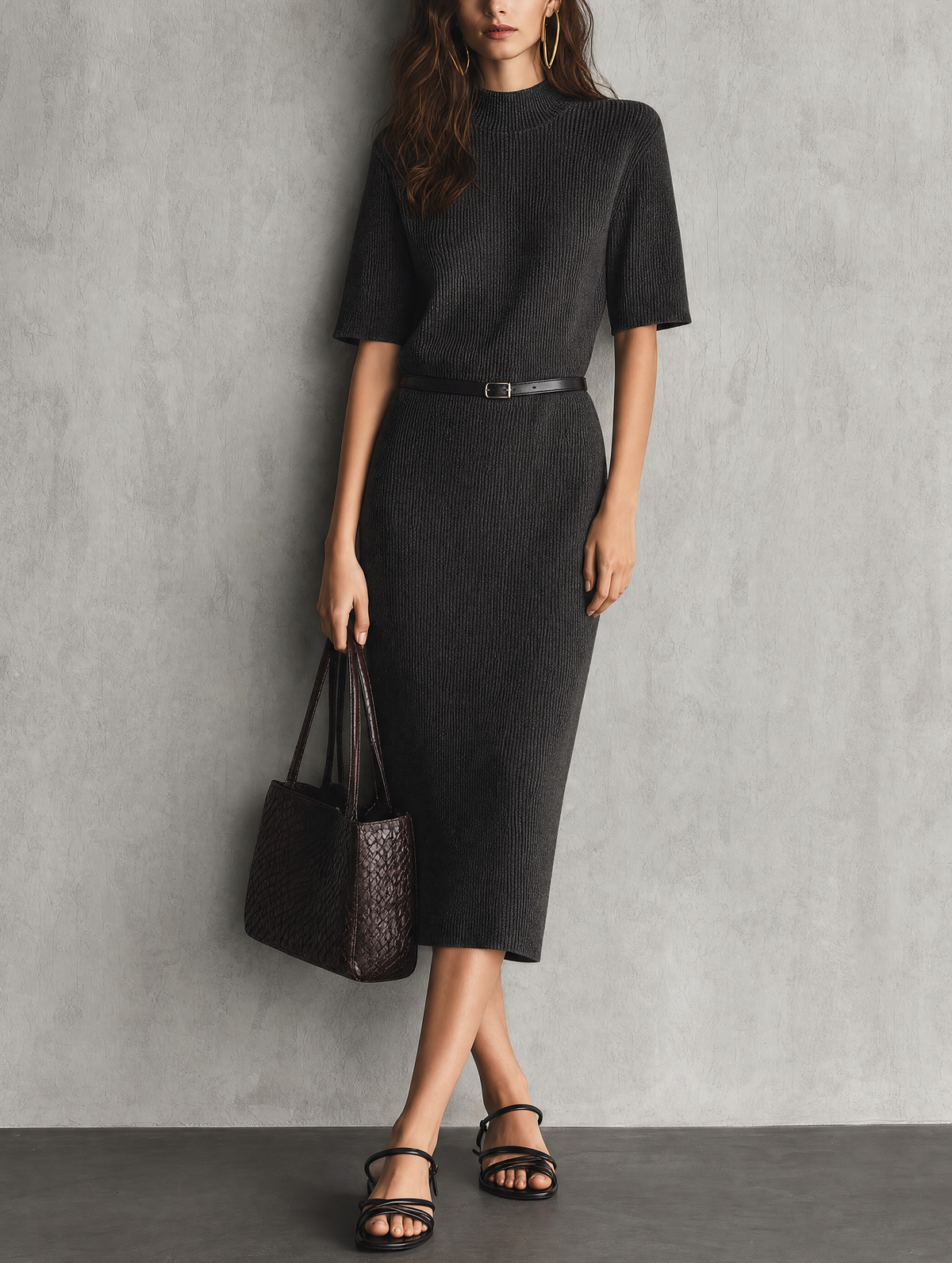 Italina — Abito midi in maglia con girocollo grigio scuro