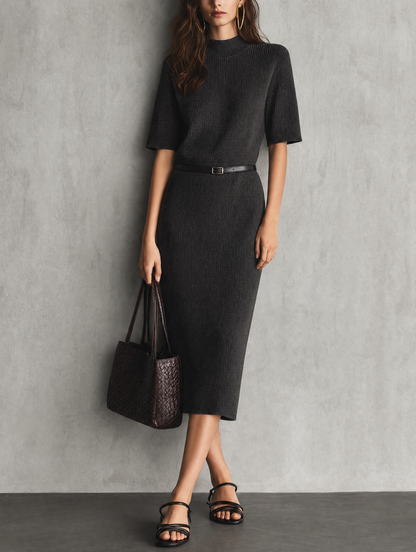 Italina — Abito midi in maglia con girocollo grigio scuro