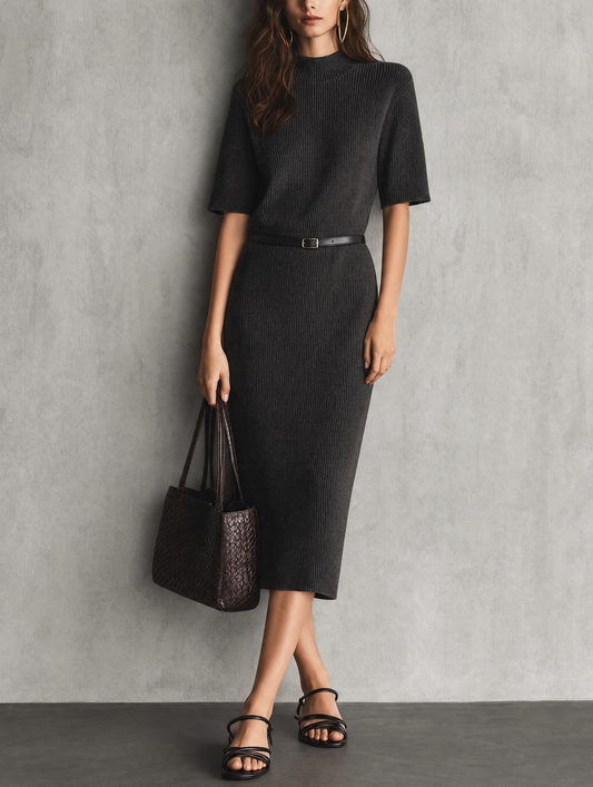 Italina — Abito midi in maglia con girocollo grigio scuro