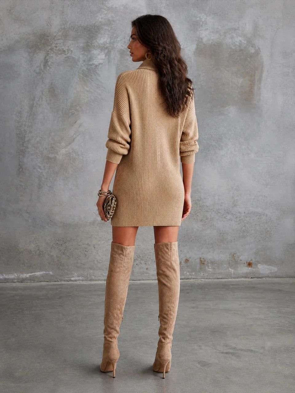 Isaura — Abito corto in maglia a coste con mezza zip beige