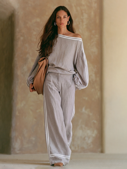 Iolanda — Completo due pezzi in lino a righe grigio viola
