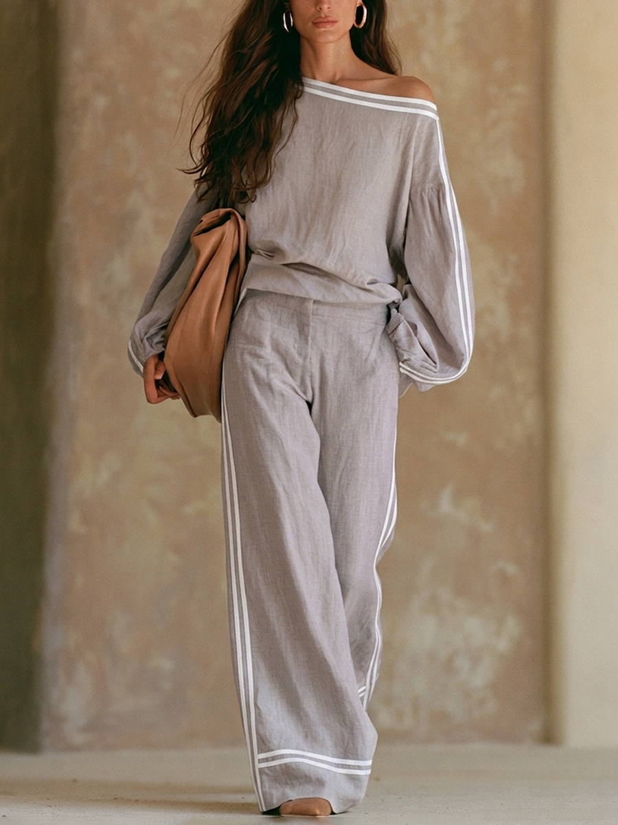 Iolanda — Completo due pezzi in lino a righe grigio viola