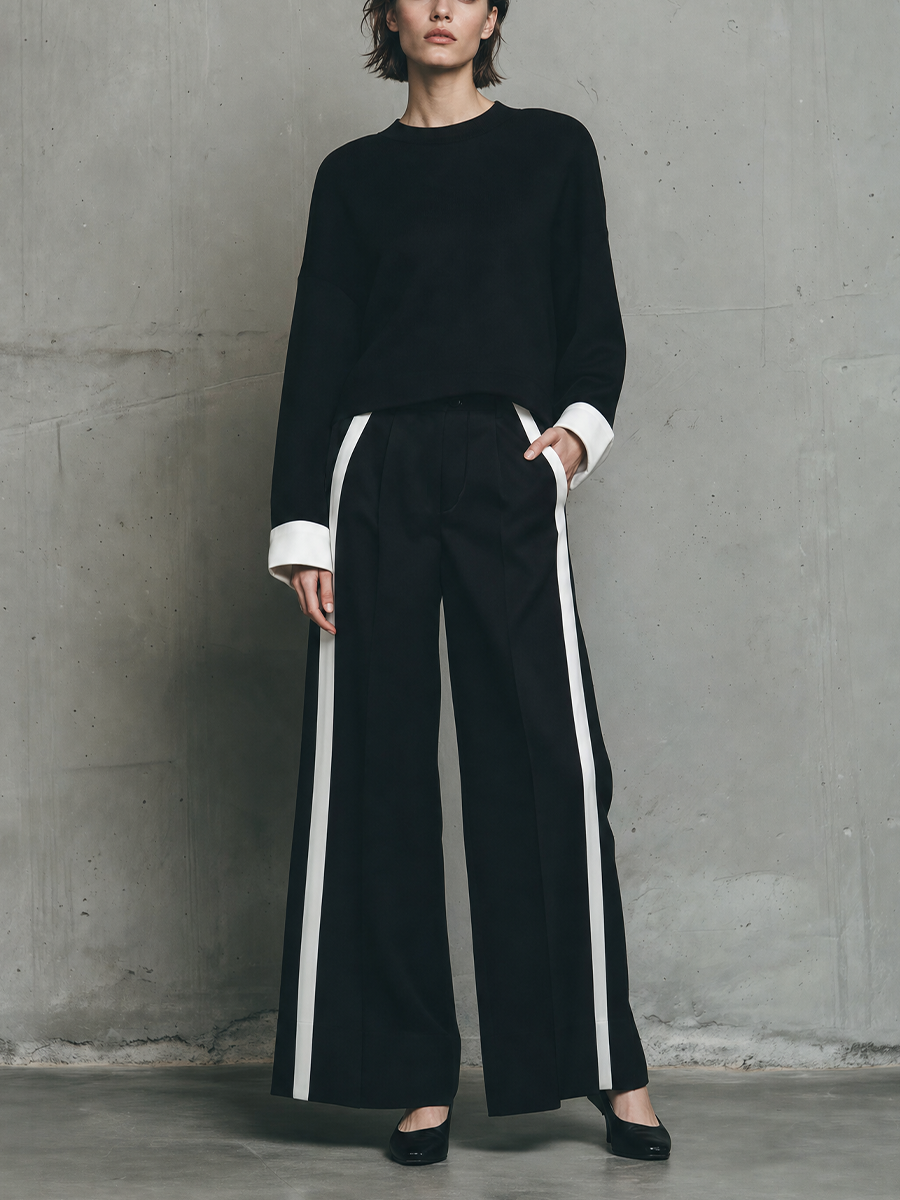 Isabella — Completo due pezzi in maglia con pantaloni a gamba larga nero