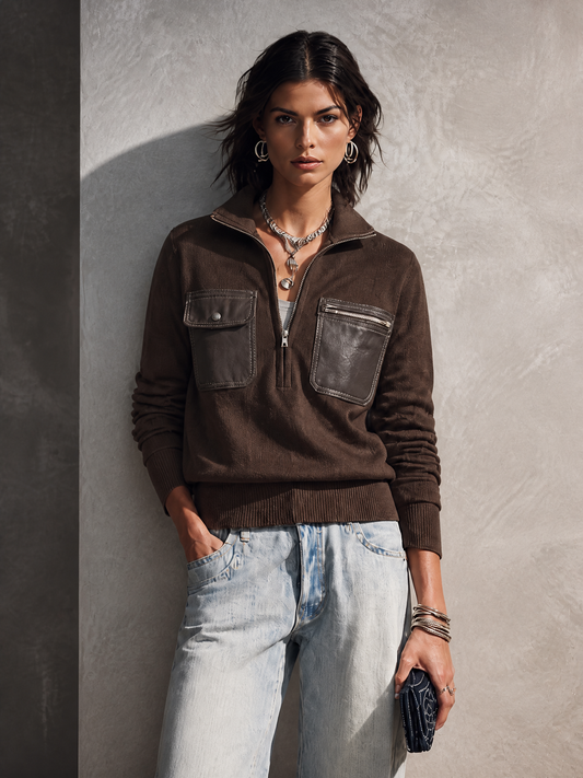 Zelinda — Maglione in maglia con mezza zip marrone