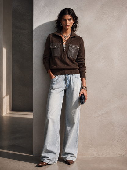 Zelinda — Maglione in maglia con mezza zip marrone