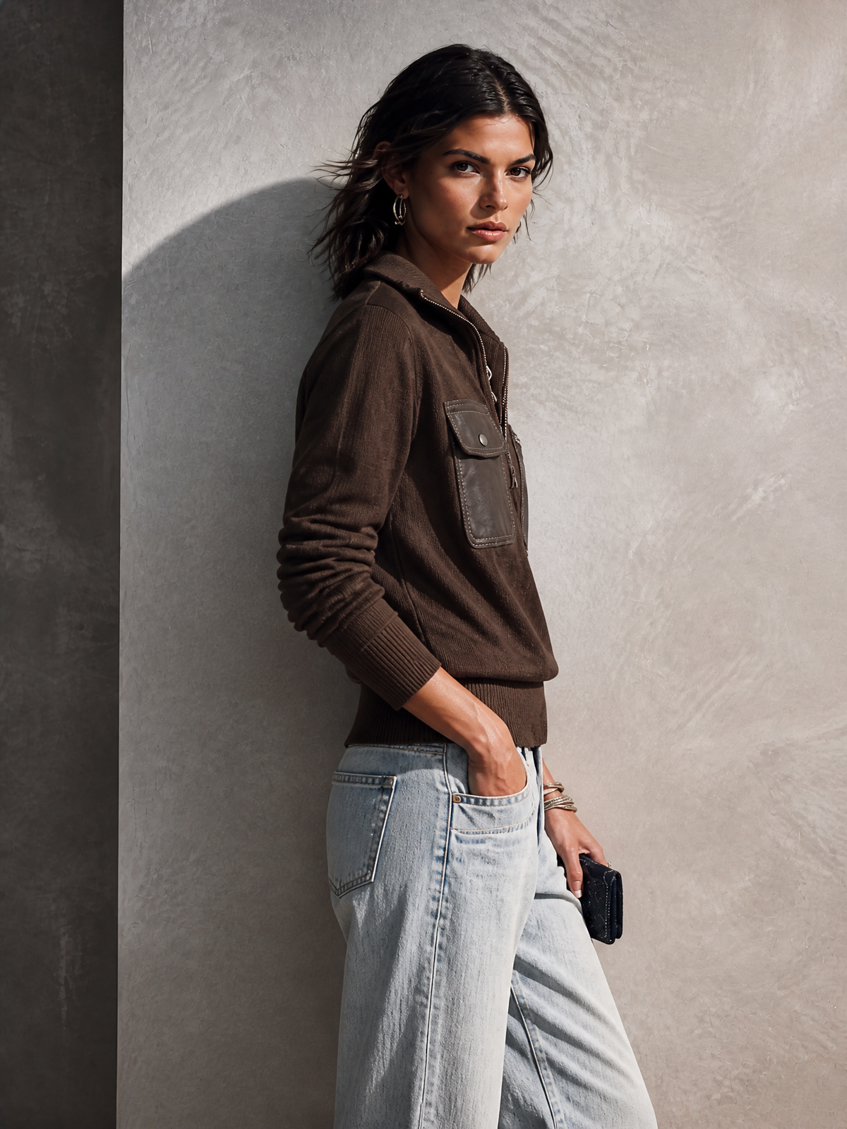 Zelinda — Maglione in maglia con mezza zip marrone