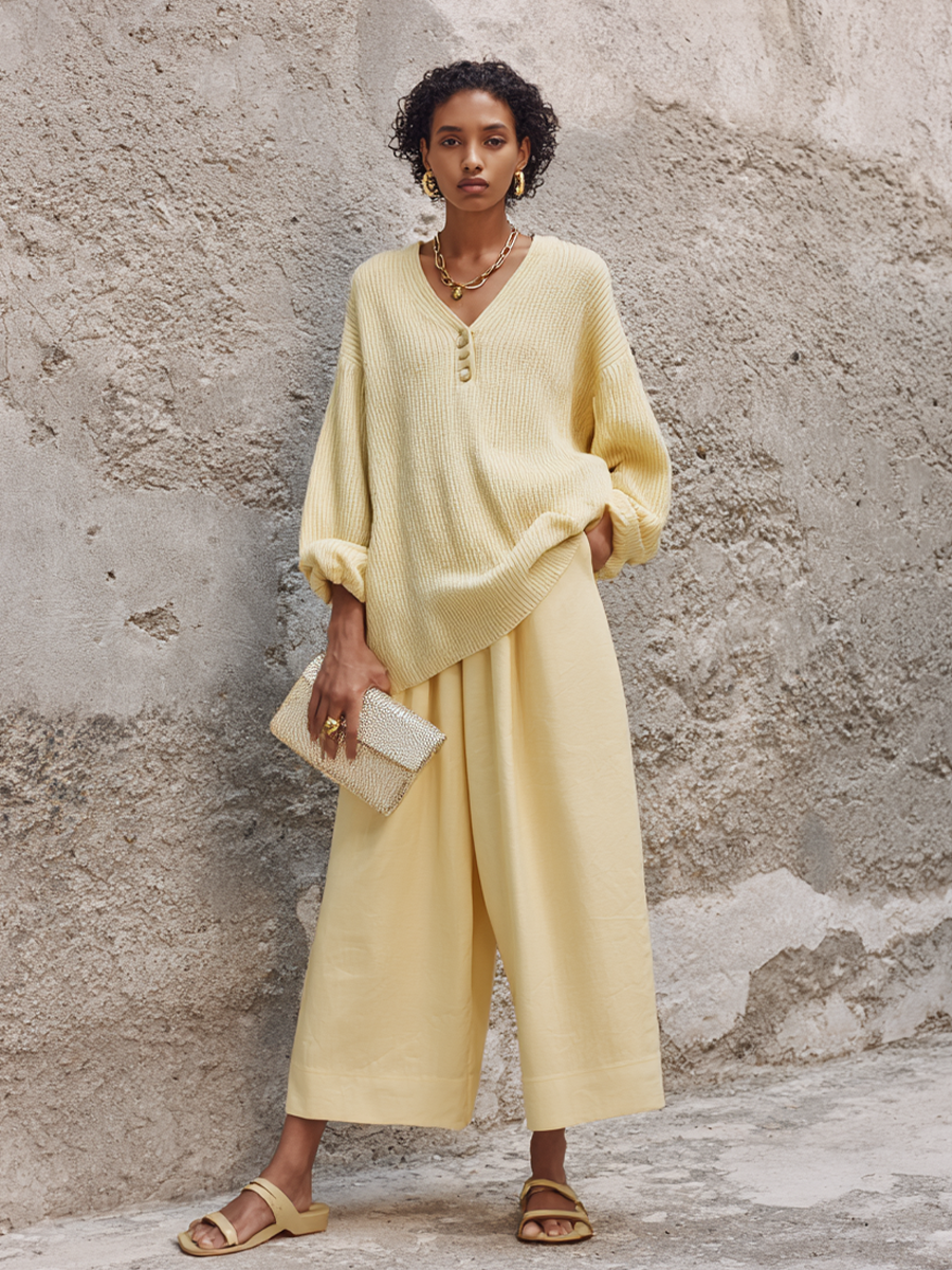 Ida — Completo due pezzi in maglia con pantaloni a gamba larga giallo