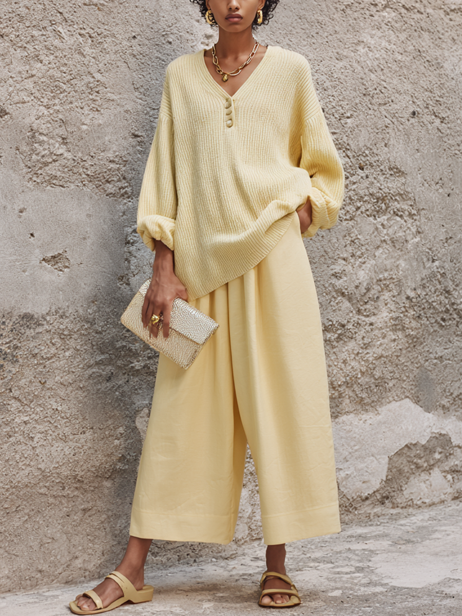 Ida — Completo due pezzi in maglia con pantaloni a gamba larga giallo