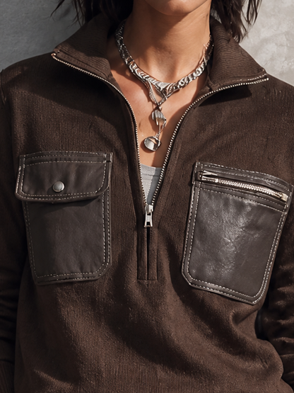 Zelinda — Maglione in maglia con mezza zip marrone