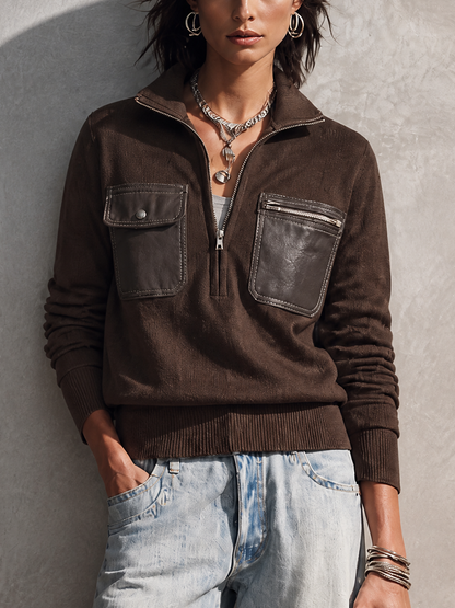 Zelinda — Maglione in maglia con mezza zip marrone