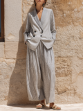 Marina — Completo due pezzi in lino a righe grigio e bianco