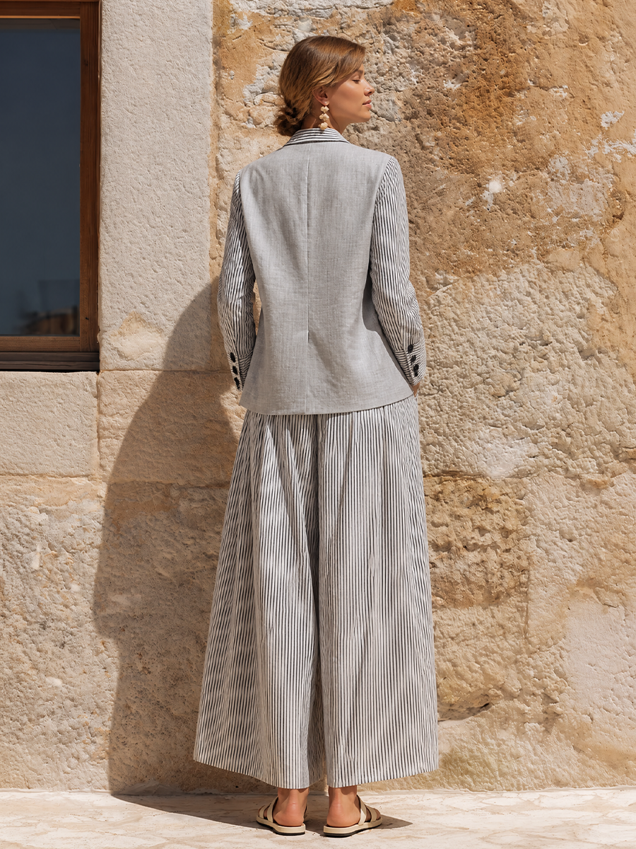 Marina — Completo due pezzi in lino a righe grigio e bianco
