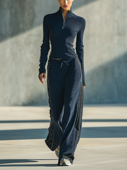 Luciana — Completo due pezzi in maglia a coste blu navy
