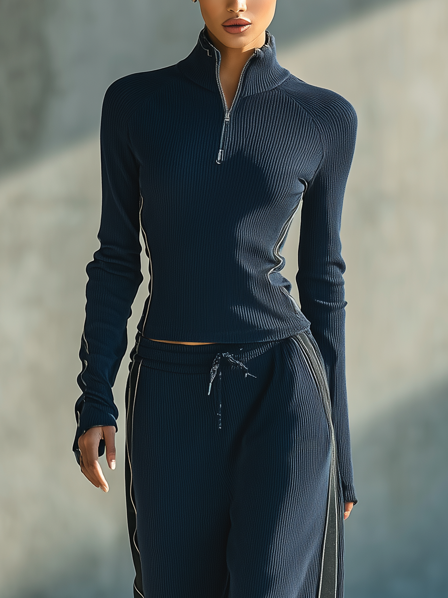 Luciana — Completo due pezzi in maglia a coste blu navy