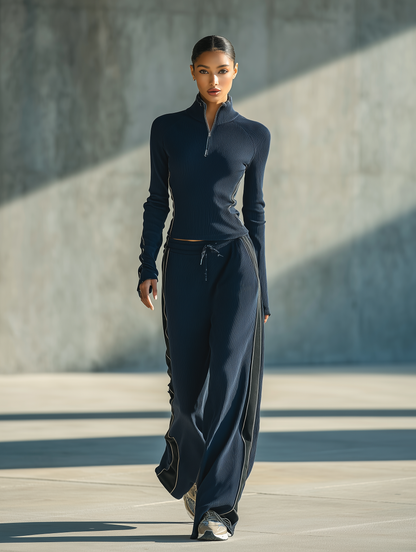 Luciana — Completo due pezzi in maglia a coste blu navy