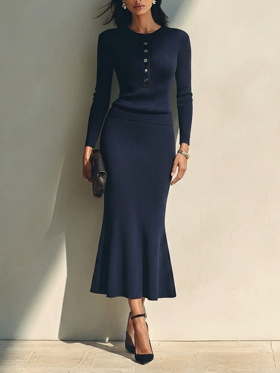 Margherita — Completo due pezzi in maglia a coste con gonna blu