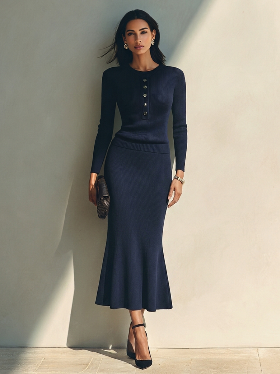 Margherita — Completo due pezzi in maglia a coste con gonna blu