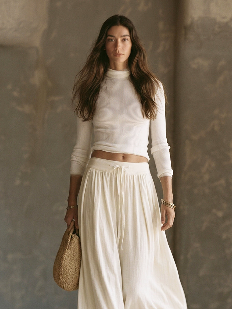 Maddalena — Completo due pezzi in cotone e lino con pantaloni beige