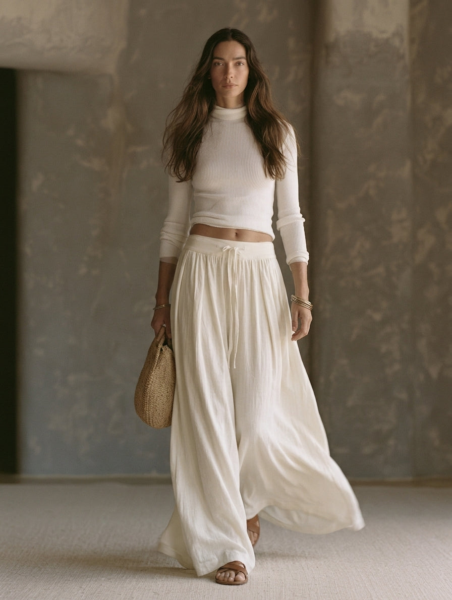 Maddalena — Completo due pezzi in cotone e lino con pantaloni beige