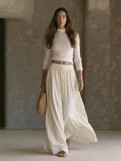 Maddalena — Completo due pezzi in cotone e lino con pantaloni beige