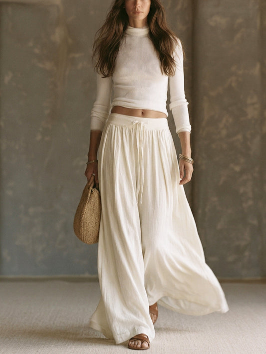 Maddalena — Completo due pezzi in cotone e lino con pantaloni beige